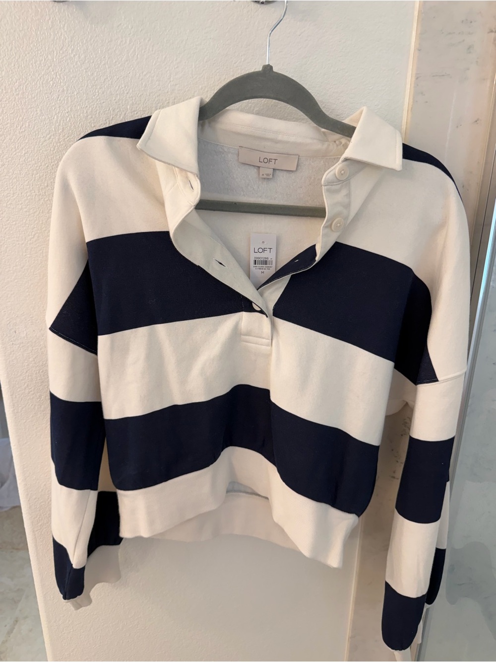 LOFT Navy and White Striped Rugby Pullover Sweatshirt